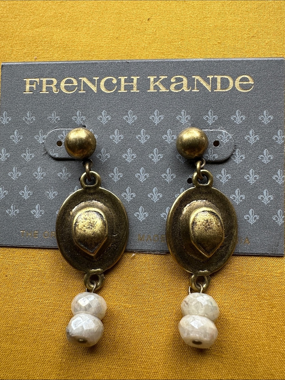 French Kande Gold-Tone Oval Drop Earrings with Cream Beads